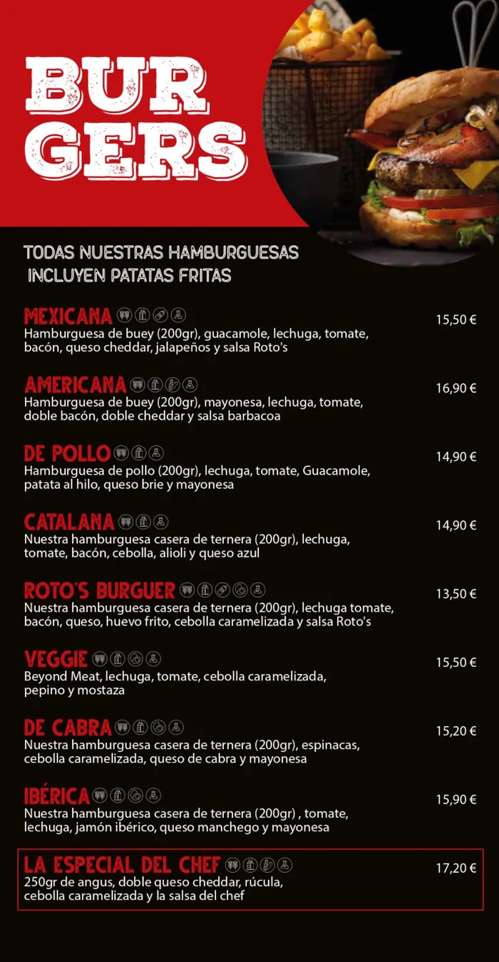 Carta de hamburguesas de Roto's Barcelona