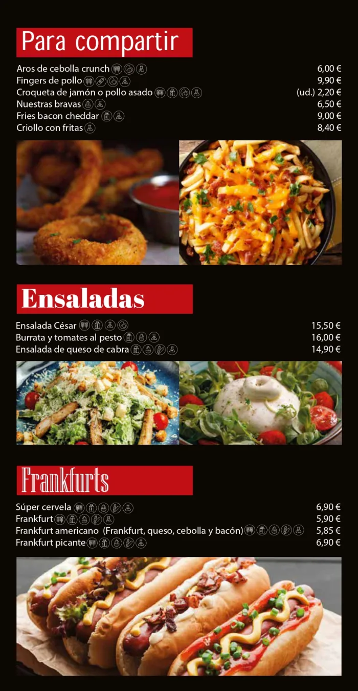 Carta de entrantes, ensaladas y frankfurts